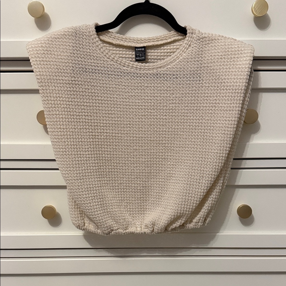 Cream Textured Sleeveless cropped Top